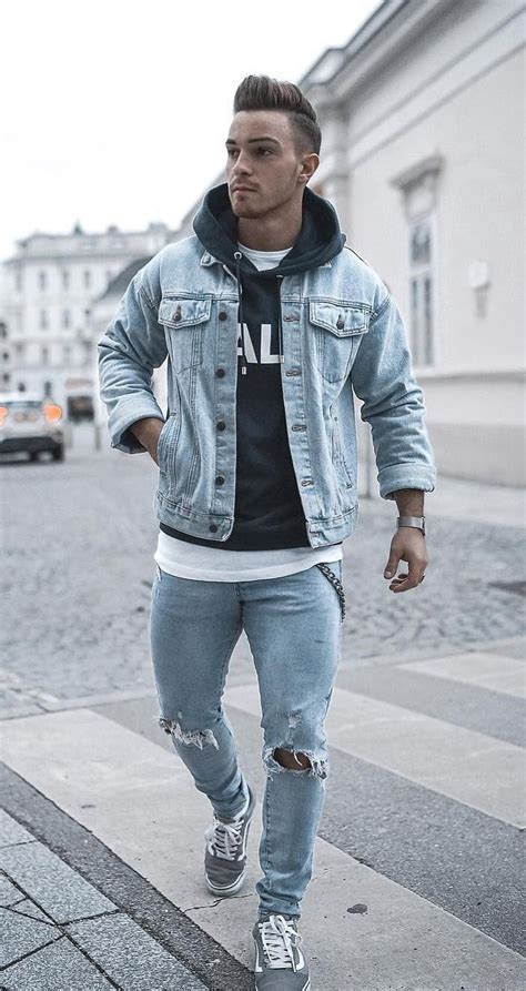 Casual outfit - Dark shade hoodie over white tshirt, styled with denim jacket #men ...