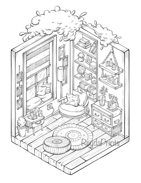 Interior Isometric Coloring Printables, Cozy Living Room, Bedroom ...