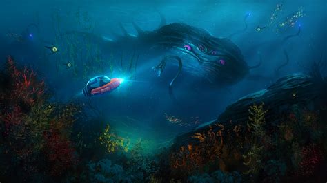 water, underwater, plants, submarine, subnautica, sea monsters, video games, fan art, video game ...