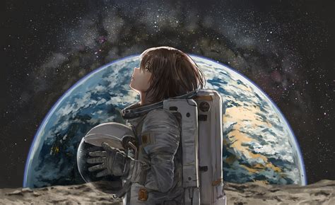 Fondos de pantalla : astronauta, espacio, Tierra, Luna, estrellas, casco, Chicas anime 2000x1226 ...