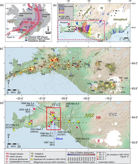 Seismicity in South‐Southwest Iceland. (a) Salient tectonic and ...