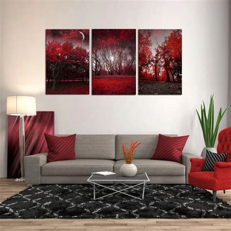 Canvas Prints 3 Panels Framed Wall Art Red Trees Paintings Printed Pictures for Living Room Home ...