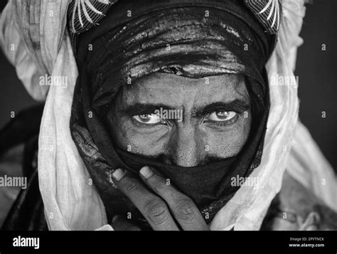 Mali. M enaka, near Gao. Sahara desert. Sahel. man of Tuareg tribe. Portrait. Black & White ...