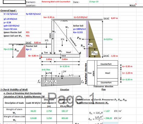 Retaining wall with Counterfort Chek of Stability Spreadsheet