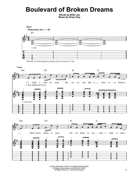 Boulevard Of Broken Dreams by Green Day - Easy Guitar Tab - Guitar ...