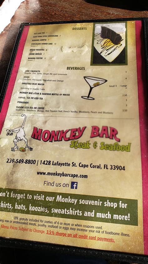 Menu at Monkey Bar Steak & Seafood, Cape Coral