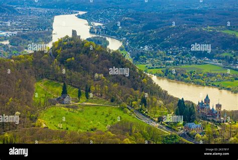 Aerial view, Drachenfels, medieval castle ruin with view to the Rhine valley and Nonnenwerth ...