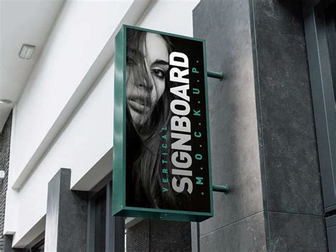 Vertical Shop Signboard Mockup with Metallic Frame on Building Free Download | Resource Boy