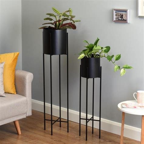 three black planters with plants in them are on the floor next to a couch