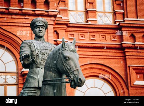 Moscow, Russia - May 23, 2015: Close up of monument to Marshal Georgy Zhukov on red square in ...