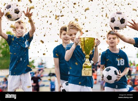 Soccer Team Celebration. Cheerful Children Celebrating Success in Football Tournament Game ...