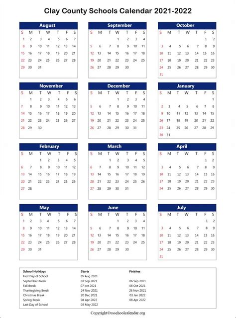 Clay County School Calendar with Holidays 2021-2022