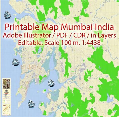 Mumbai Map India, Printable Vector exact detailed City Plan, Scale 1:4438, editable Layered ...