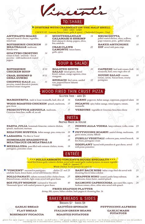 Menu at Vincent's pizzeria, Houston