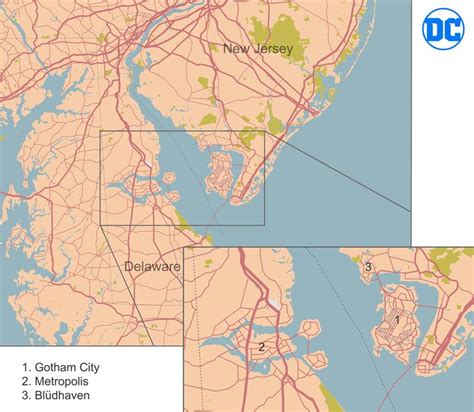 Map of the Gotham-Metropolis-Blüdhaven area in the Delaware Bay | Map ...