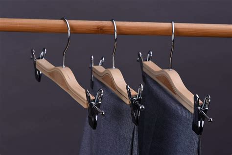 JS HANGER Sturdy Natural Finish Wood Pant Skirt Hangers with 2-Adjustable Clips – Wardrobe Solution