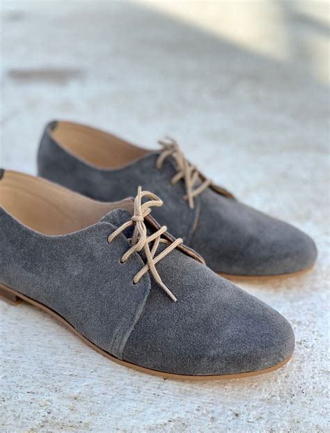 Gray Suede Womens Grey Oxford Shoes Toe Flats Handmade in Greece