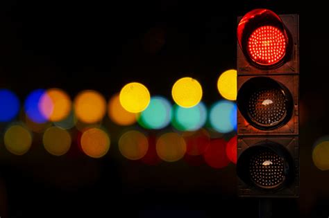 Traffic Lights Red Color At Night Stock Photo - Download Image Now - iStock