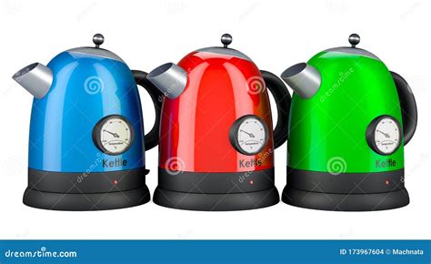 Colored Electric Kettles with Temperature Control, Retro Design. 3D Rendering Stock Illustration ...