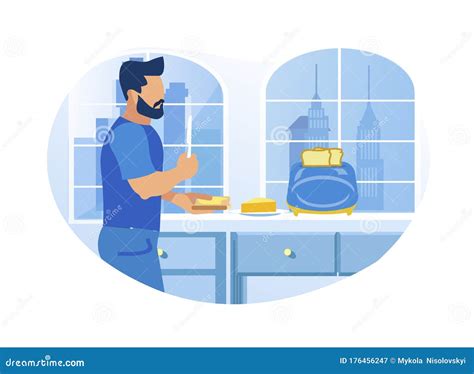 Young Man Buttering Toast in the Kitchen at Home Stock Vector - Illustration of cooked, cabinet ...