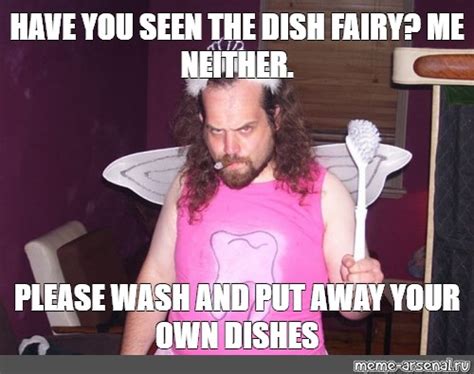 Meme: "HAVE YOU SEEN THE DISH FAIRY? ME NEITHER. PLEASE WASH AND PUT ...