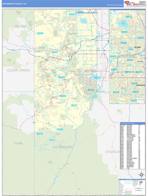 Jefferson County, CO Zip Code Wall Map Basic Style by MarketMAPS - MapSales