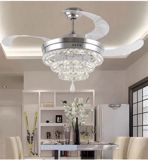 LED Crystal stealth ceiling fan lights living room minimalist restaurant modern fan light ...