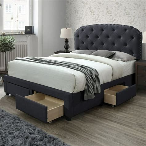 DG Casa Argo Tufted Upholstered Panel Bed Frame with Storage Drawers and Nailhead Trim Headboard ...