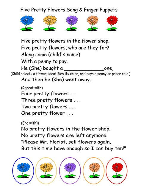 Five Pretty Flowers Song & Finger Puppets printable and lesson plan for a spring, flowers or ...