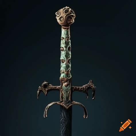 An ancient sword adorned with serpentine hilt, inspired by john howe