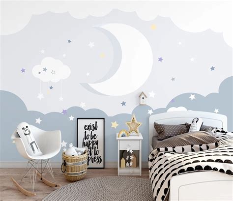 Cute Moon and Stars Nursery Wallpaper Blue Kids Room Wall | Etsy