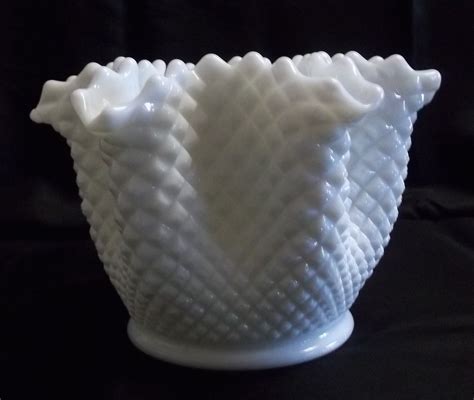 Large Westmoreland Milk Glass Diamond Pattern Ruffled Rose