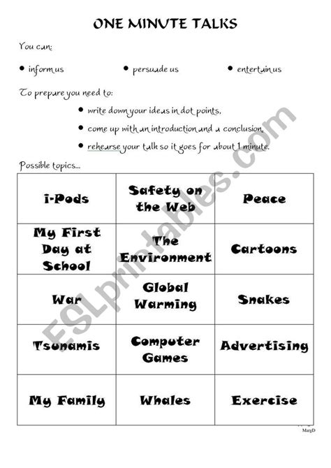 ONE MINUTE SPEECHES - ESL worksheet by ilmarie