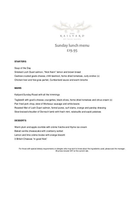 The Kailyard by Nick Nairn - Sunday Lunch Menu