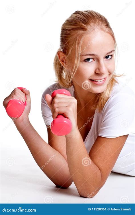 Pink Dumbbells in the Hands of Women Stock Image - Image of muscle ...