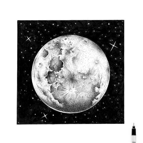 an ink drawing of the moon with stars in the night sky behind it and a marker pen next to it