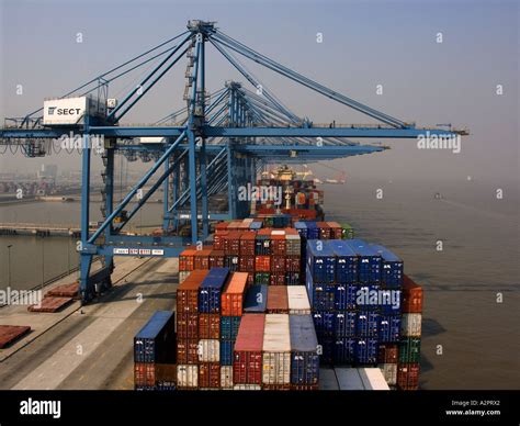 Container vessel at container terminal. Cargo operations in progress ...