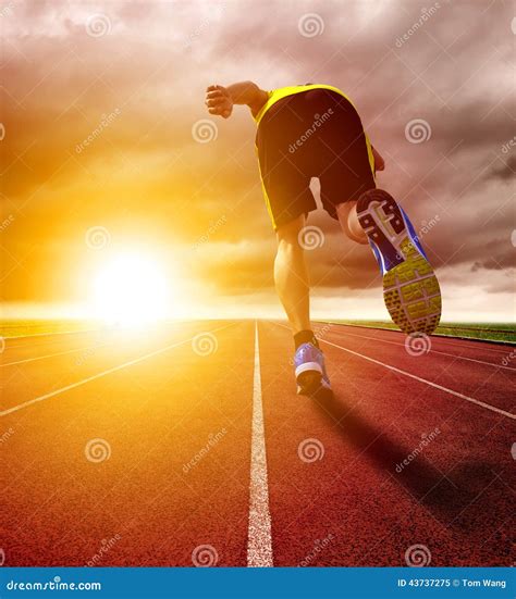 Athletic Young Man Running on Race Track with Sunset Background Stock Image - Image of jogging ...