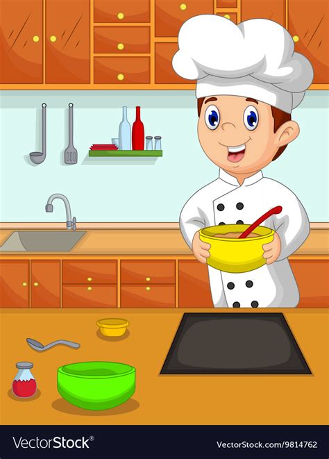 Funny chef cartoon bring bowl in the kitchen Vector Image