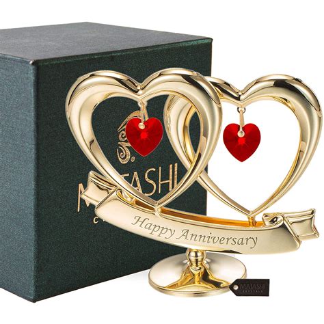 24K Gold Plated Happy Anniversary Double Heart Figurine Ornament with ...