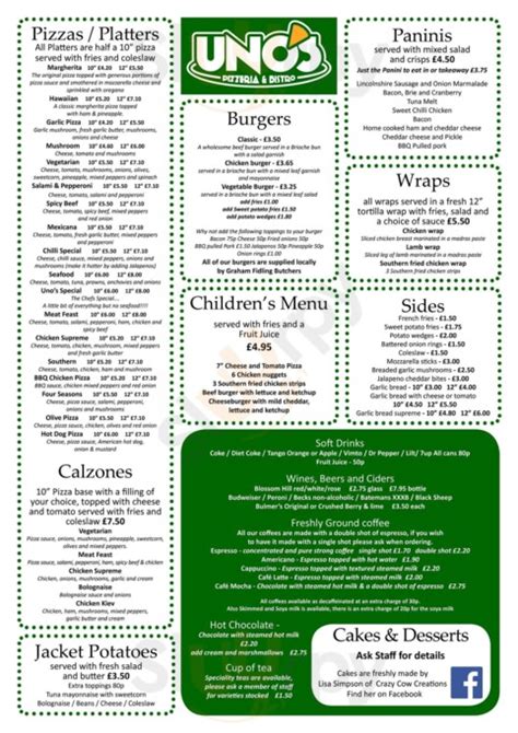 Uno's Pizzeria & Bistro, Horncastle - 29 Bridge Street - Menu and Prices