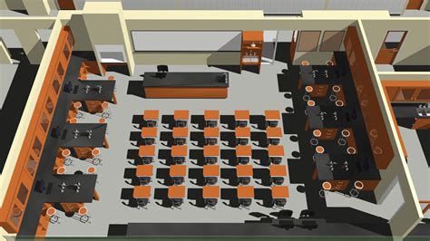 an overhead view of a conference room with tables and desks in orange ...