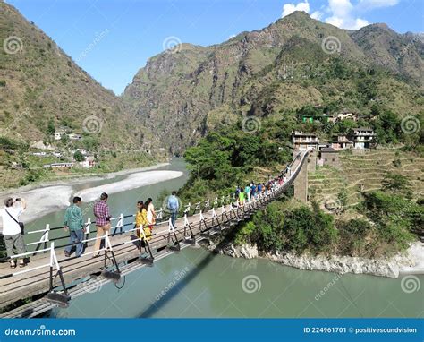 Tourists Viewing the Beas River from Suspension Bridge at Aut Village ...