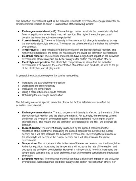 Factors Affecting The Activation Overpotential | PDF | Chemical Reactions | Electrochemistry