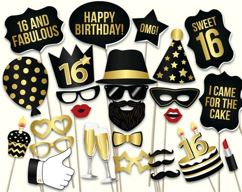 Sweet 16 Photo Booth Props: Printable PDF. Sweet Sixteenth Birthday Props. Black and Gold ...