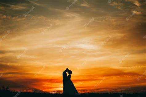 Premium Photo | Wedding couple on the background of sunset