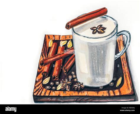 Masala tea with spices Sketch drawing by markers in sketchbook Stock ...