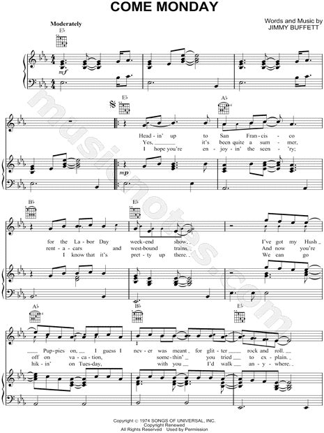 Jimmy Buffett "Come Monday" Sheet Music in Eb Major (transposable ...