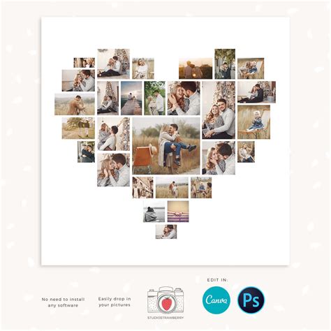 Heart photo collage template Mosaic for Canva & Photoshop – Strawberry Kit