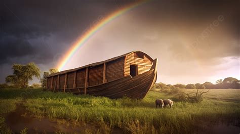 Boat With A Rainbow In The Grass Background, Picture Noahs Ark, Noah, Ark Background Image And ...